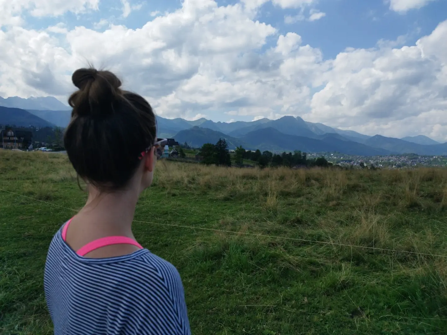 Žena zezadu s drdolem hledí na zelenou louku a horské pásmo pod mraky